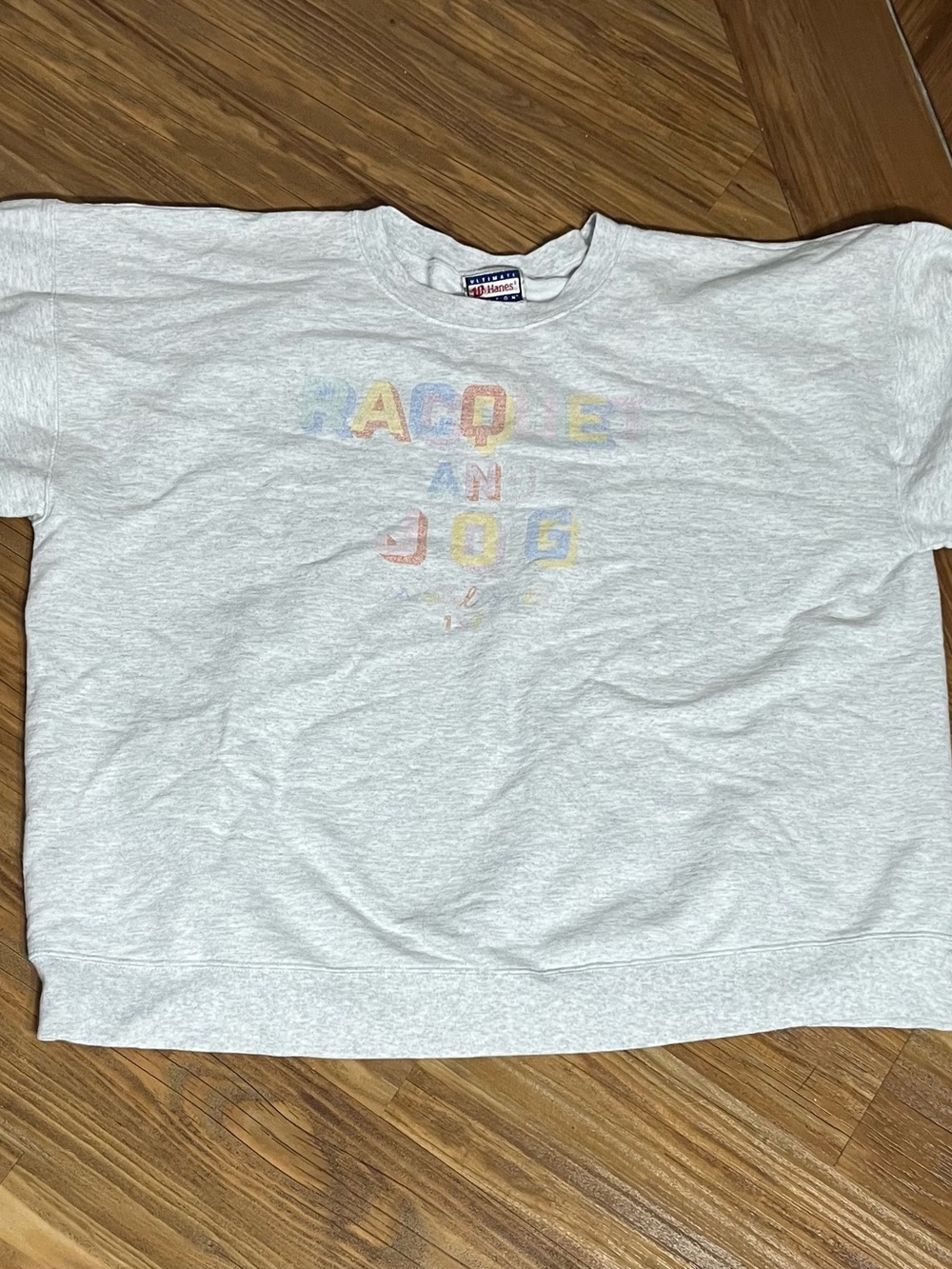 Racquet and Jog size Large Light Gray Crewneck Sweatshirt with Faded box letters